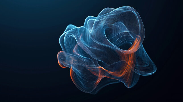 Abstract 3D rendition of twisting blue and orange lines forming a fluid, organic shape against a dark background.