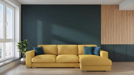 A modern apartment living room with a yellow sofa. The wall behind the sofa is dark green. Wooden panelling on the wall