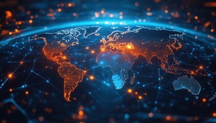 Fototapeta premium Abstract digital world map and global network connections background with orange and blue glowing light effects. Digital technology and internet banner. Backdrop
