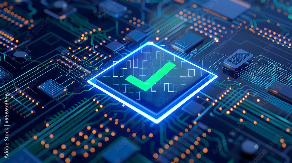 Poster high-tech computer circuit board with a glowing checkmark, symbolizing successful technology validat