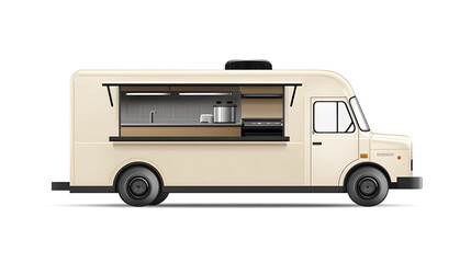 Naklejka premium 3d White Realistic Food Truck isolated on white background. Takeaway food and drinks van mock up 