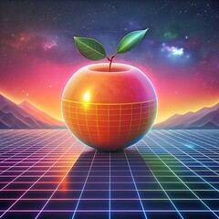 A retro futuristic 3D illustration of a nectarine with a glowing grid pattern. set against a vibrant 80s inspired landscape.