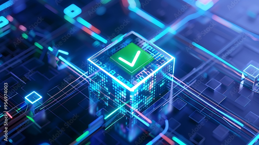 Poster high-tech concept of a glowing checkmark in a digital cube, representing data validation and secure 