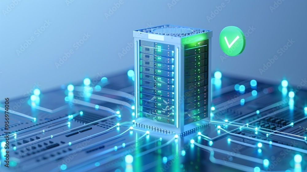 Poster high-tech data server represented by a glowing, futuristic server rack with a green checkmark, symbo