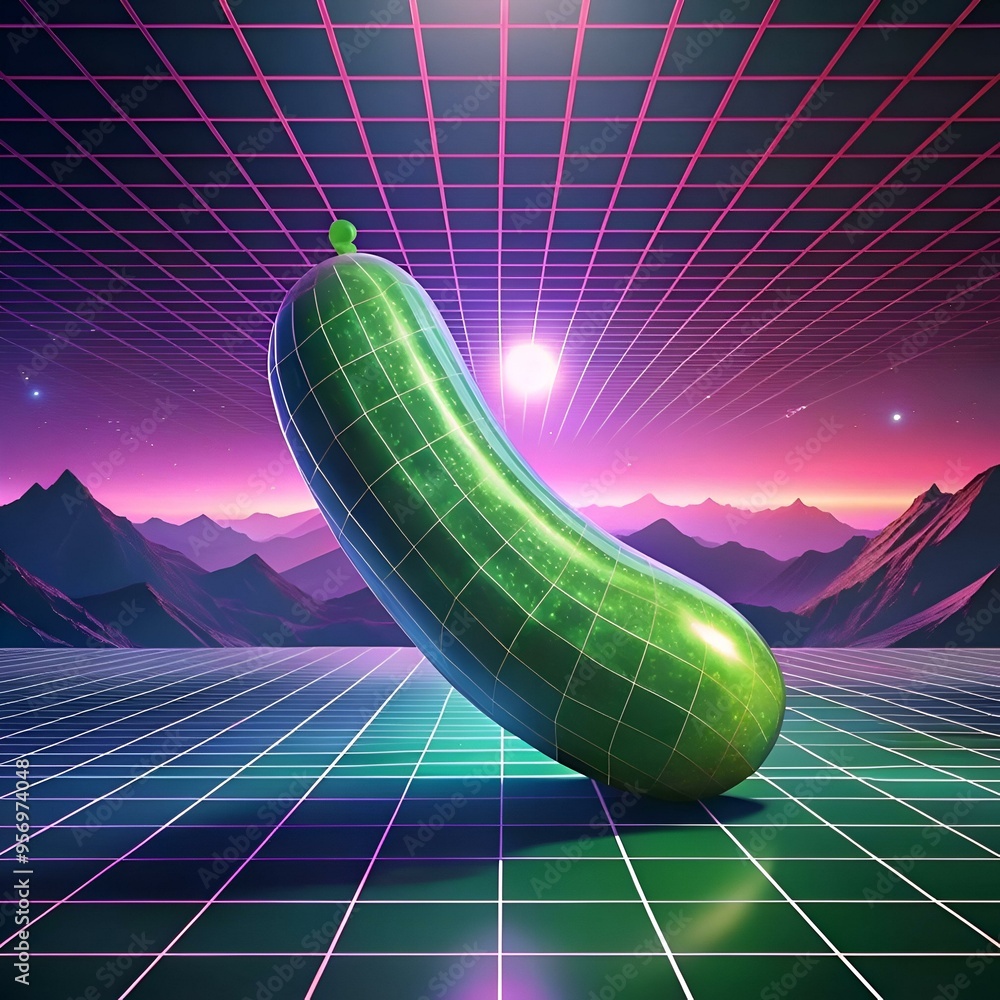 Poster a 3d illustration of a cucumber rendered in a retrofuturistic style. set against a neon colored grid
