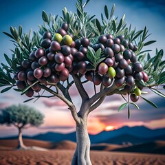 A 3D illustration of a vibrant olive tree laden with ripe olives. set against a picturesque sunset sky.