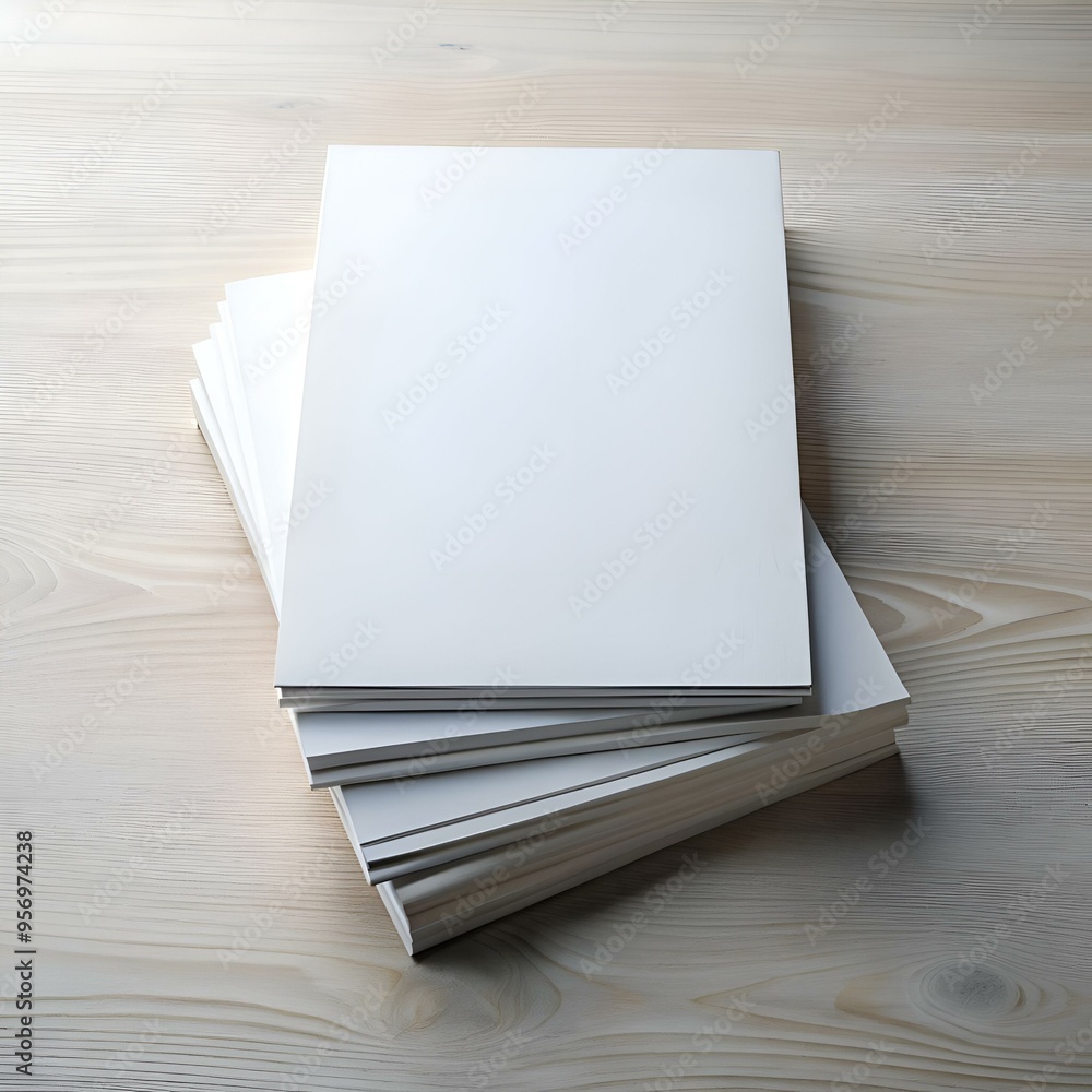 Poster clean and simple mockup of a stack of blank papers on a wooden surface.