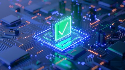 Fototapeta premium High-tech image of a glowing green checkmark on a computer chip, symbolizing validation and successful operation in technology.