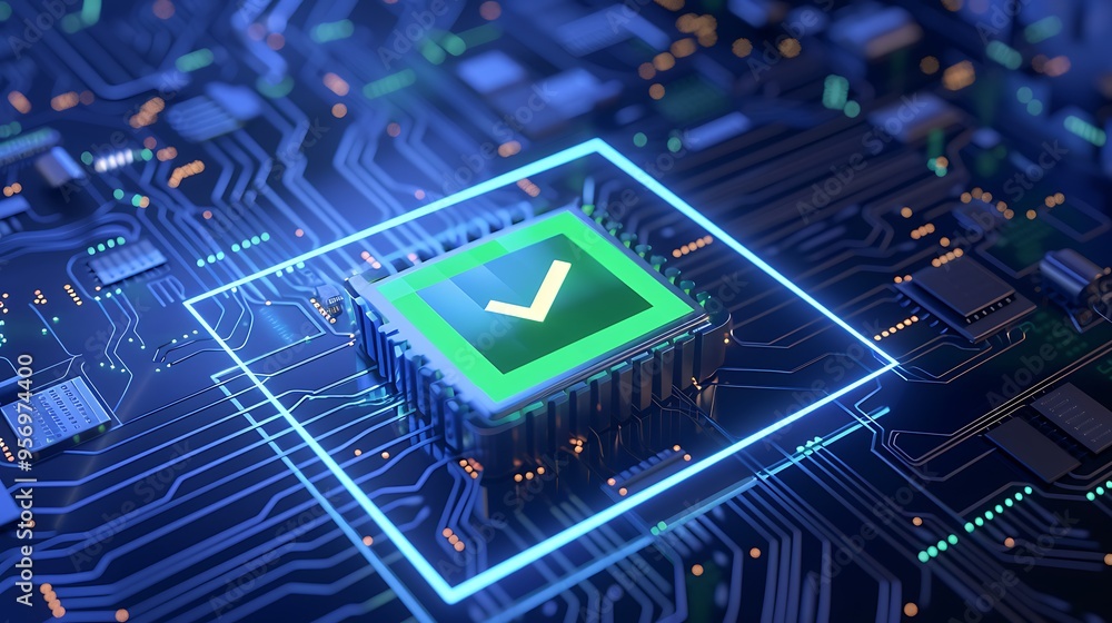 Poster high-tech representation of a microchip with a glowing checkmark, symbolizing successful data proces