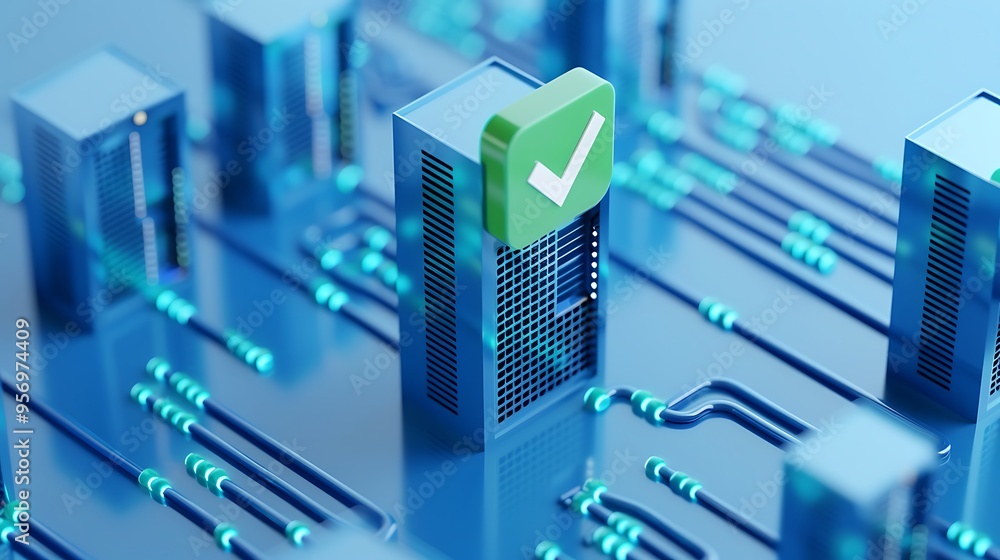 Poster high-tech server circuit board with a green checkmark, representing cybersecurity and data protectio