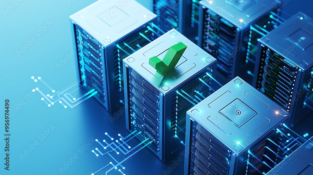 Poster high-tech server room with glowing circuits and a green check mark indicating successful operation o