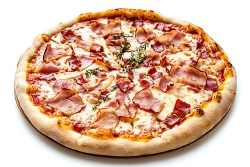 Isolated crispy pizza crust topped with melted mozzarella, tangy tomato sauce, and savory pepperoni slices