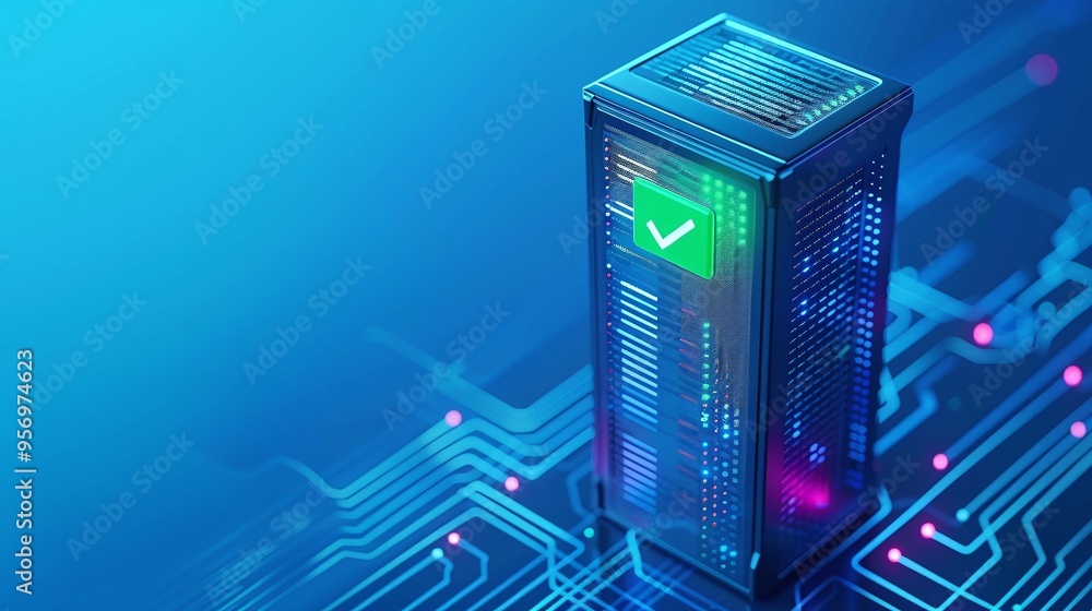 Poster high-tech server with a secure checkmark on a digital circuit background, symbolizing data protectio