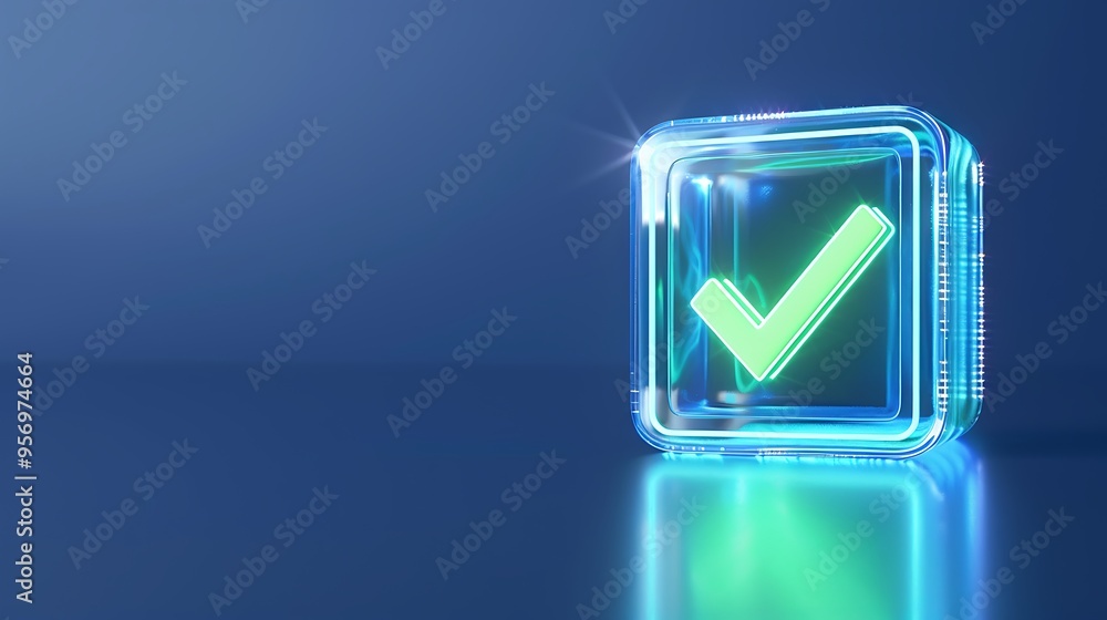 Poster illuminated green checkmark inside a glowing transparent cube, symbolizing approval or confirmation 