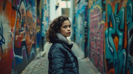 Naklejka premium A thoughtful young woman walking through a graffiti-covered urban alley, capturing a moment of pensive reflection amidst vivid street art.