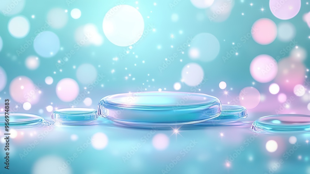 Poster bright and dreamy abstract background with shiny bubbles and soft bokeh effect in soothing blue and 