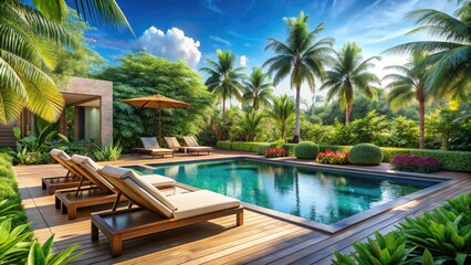 Fototapeta premium Luxurious outdoor oasis featuring sleek lounge chairs positioned around a sparkling pool, surrounded by lush greenery and vibrant tropical plants under a sunny blue sky.