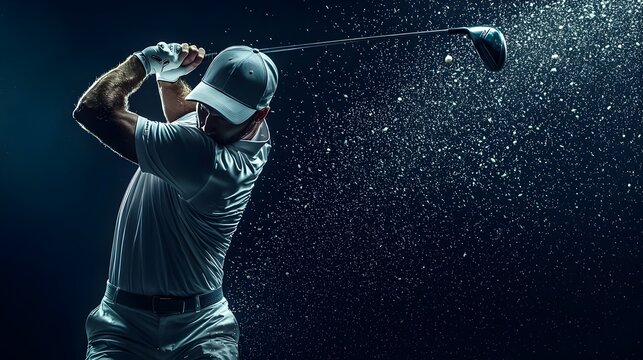 Professional Golfer Mid-Swing Frozen in Powerful Dynamic Action