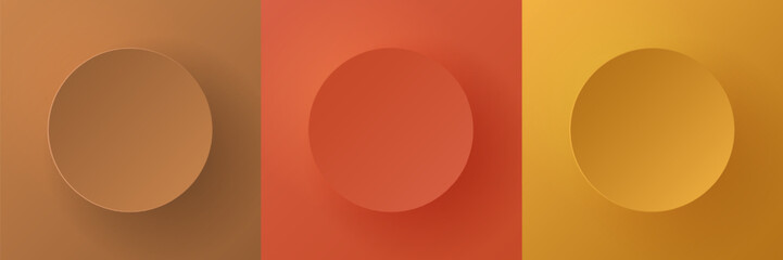 Set of autumn colored 3D round circles frames with soft light and shadow. Minimal papercut pedestal podium in top view with text copy space. Badge emboss texture collection design.