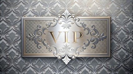 Luxurious silver invitation card with embossed VIP logo, adorned with elegant patterns and ornate details, lying on a velvet background with subtle spotlighting.
