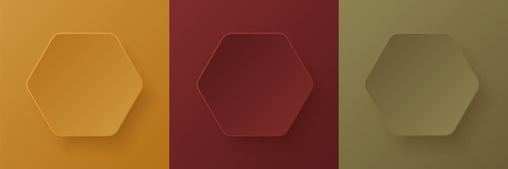 Set of autumn colored 3D hexagon circles frames with soft light and shadow. Minimal papercut pedestal podium in top view with text copy space. Badge emboss texture collection design.
