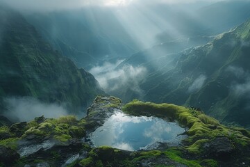 Misty morning view from El Nino in SIRDORLD with sun rays through mountains and puddle on a cliff edge