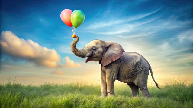 A playful elephant cub stands upright on its hind legs, grasping a bright colorful balloon with its trunk, symbolizing joy and innocence.