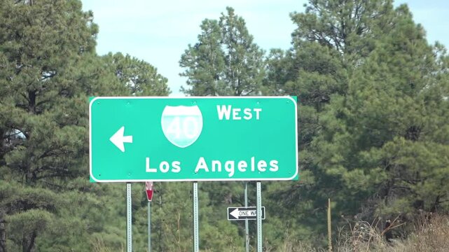 Highway directional signs to Los Angeles amidst trees in slow motion 120fps