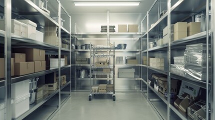 Sleek and organized storage room with neatly arranged steel shelves holding various cardboard boxes, bins, and containers under bright lighting.