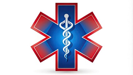 Sleek, modern emergency medical technician symbol in bold red and blue vector graphics, featuring a star of life and snake emblem on a white background.