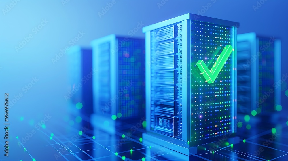 Poster modern data center servers with a glowing green check mark symbolizing data integrity and successful