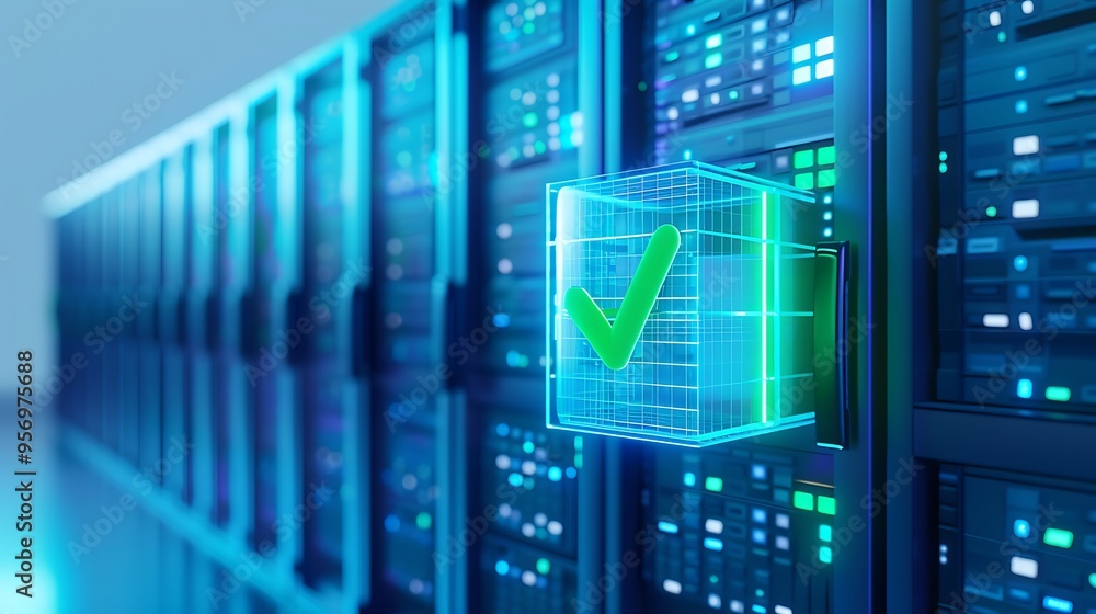 Poster modern data center with green check mark in futuristic overlay, symbolizing data verification and se