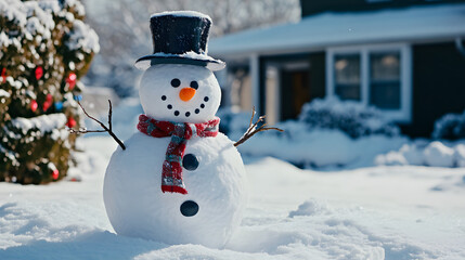 Obraz premium Cheerful Snowman with Top Hat, Scarf, and Carrot Nose in Snowy Yard Surrounded by Festive Decorations and Holiday Cheer. Perfect for Winter Wonderland and Seasonal Celebrations.