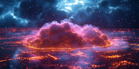 Abstract cloud illustration with glowing lights and particles, representing data and technology.