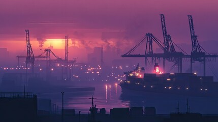 Obraz premium Twilight at an industrial port, featuring a container ship docked and cranes working in the background. The dimming light creates a moody atmosphere.