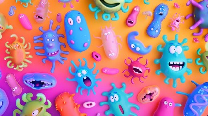 Naklejka premium A vibrant, colorful composition of various cartoonish germs and microbes against a gradient background, illustrating creativity and playfulness.