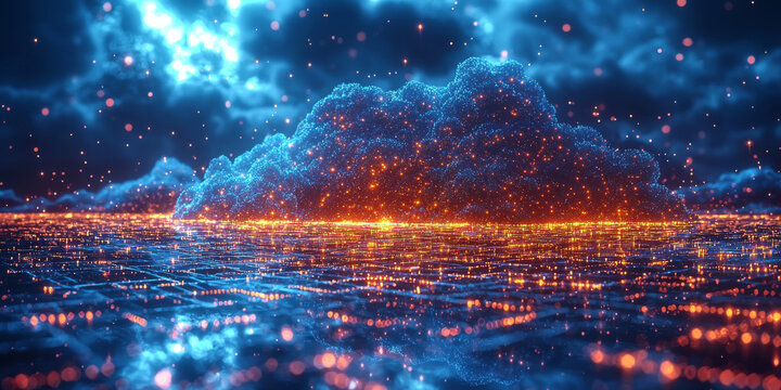 Abstract representation of a cloud computing network with glowing lights.