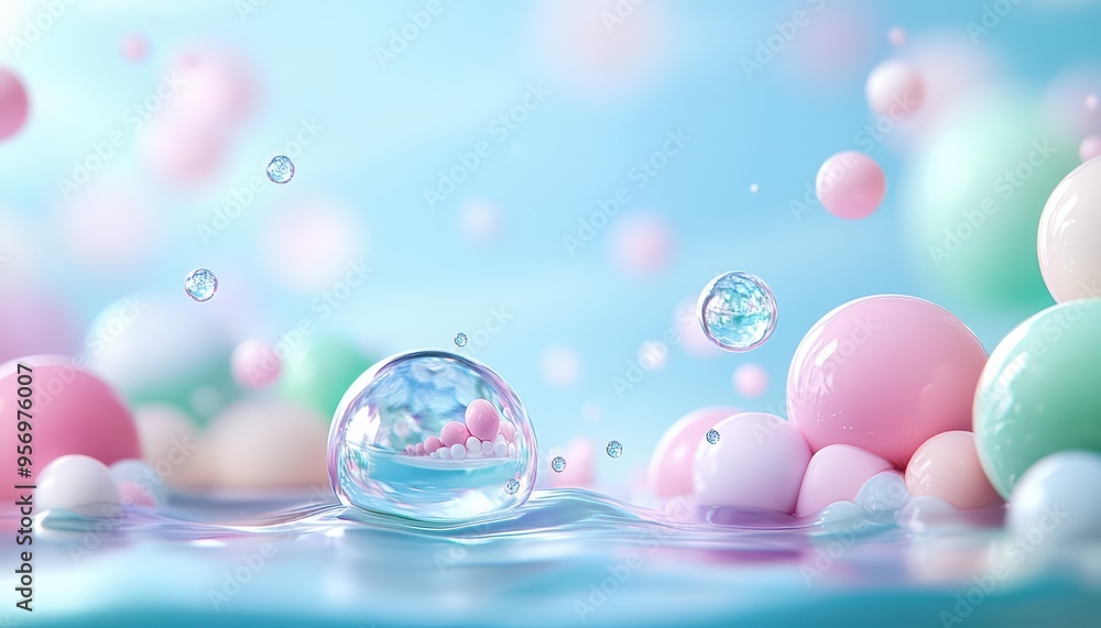 Poster colorful spheres float gracefully in water, creating a whimsical and serene atmosphere with bubbles 