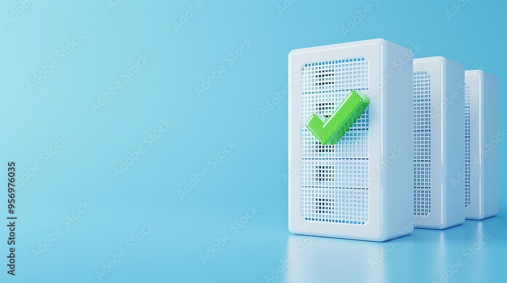 Poster modern data server racks with a green check mark, representing successful data management and cloud 