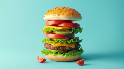 A perfectly stacked hamburger with layers of fresh lettuce, juicy tomatoes, cheese, and patty against a light teal backdrop, emphasizing freshness and deliciousness.