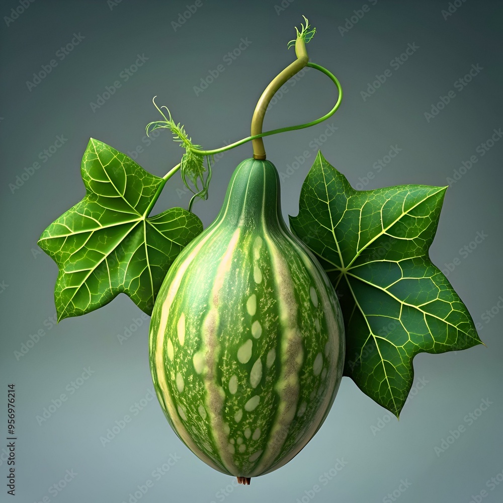 Poster a green gourd with unique striped patterns hangs from a vine with two leaves.