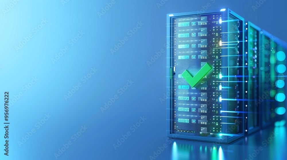 Poster modern data server with a green check mark indicating successful operation, symbolizing secure and e