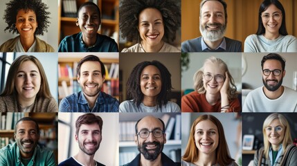 Fototapeta premium A diverse group of individuals, each smiling warmly, displayed in a grid format representing community and diversity.