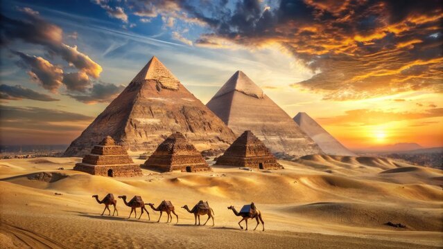 Majestic ancient pyramids rise majestically from the desert landscape, their towering triangular forms glowing golden in the warm Egyptian sunlight with camels in the distance.