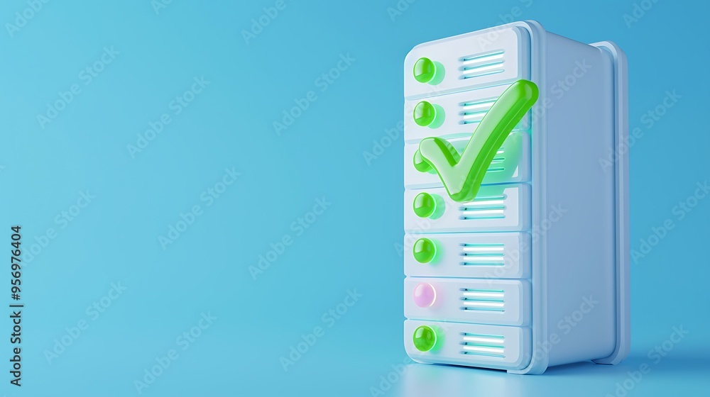 Aufkleber modern server rack with check mark symbolizing successful operation and technology efficiency, isola