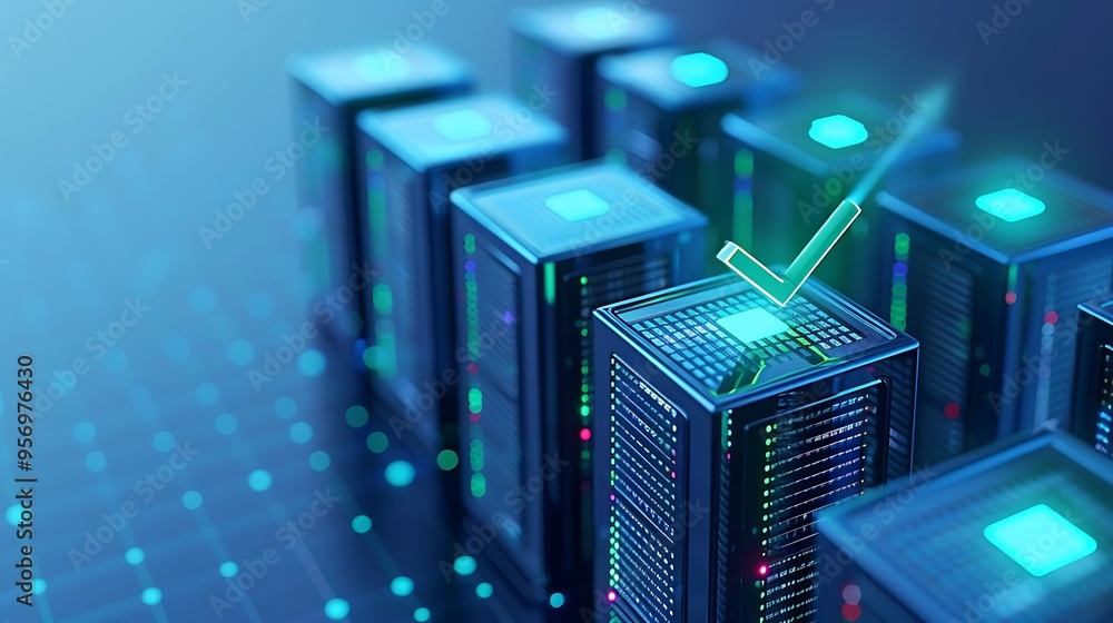 Poster modern server racks in a data center with a digital checkmark symbolizing security and validation.