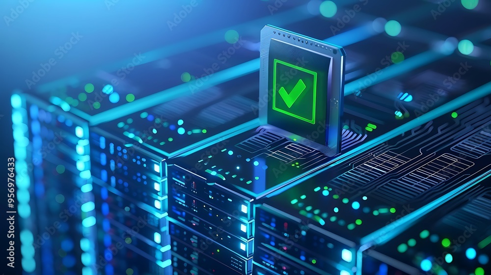 Poster modern server racks with glowing green checkmark symbolizing secure data storage and efficient cyber