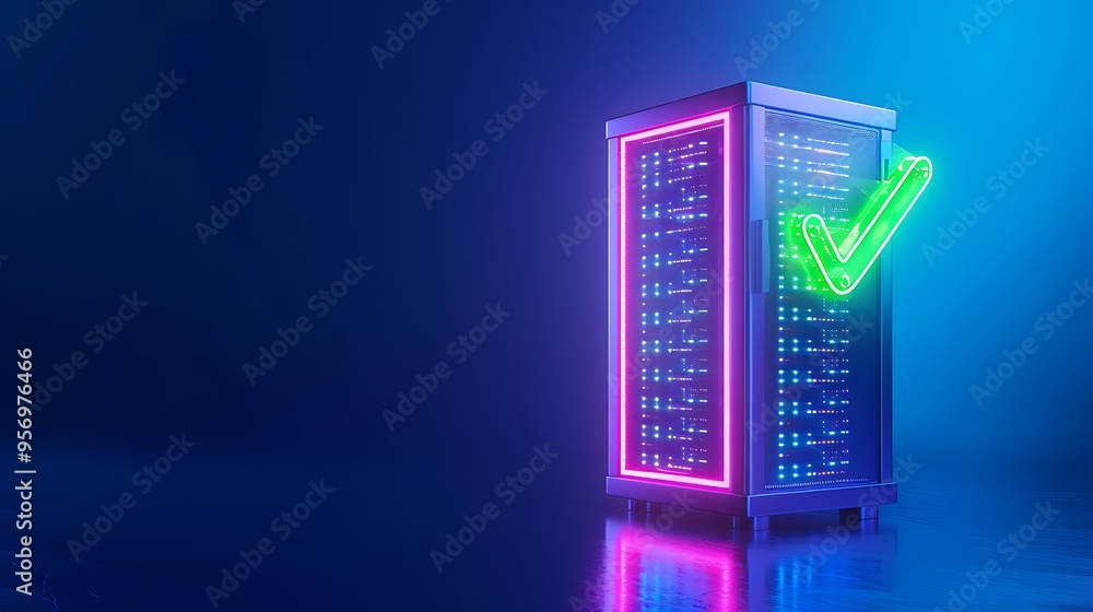 Poster modern server rack with neon lights and a checkmark symbol, representing security and reliability in