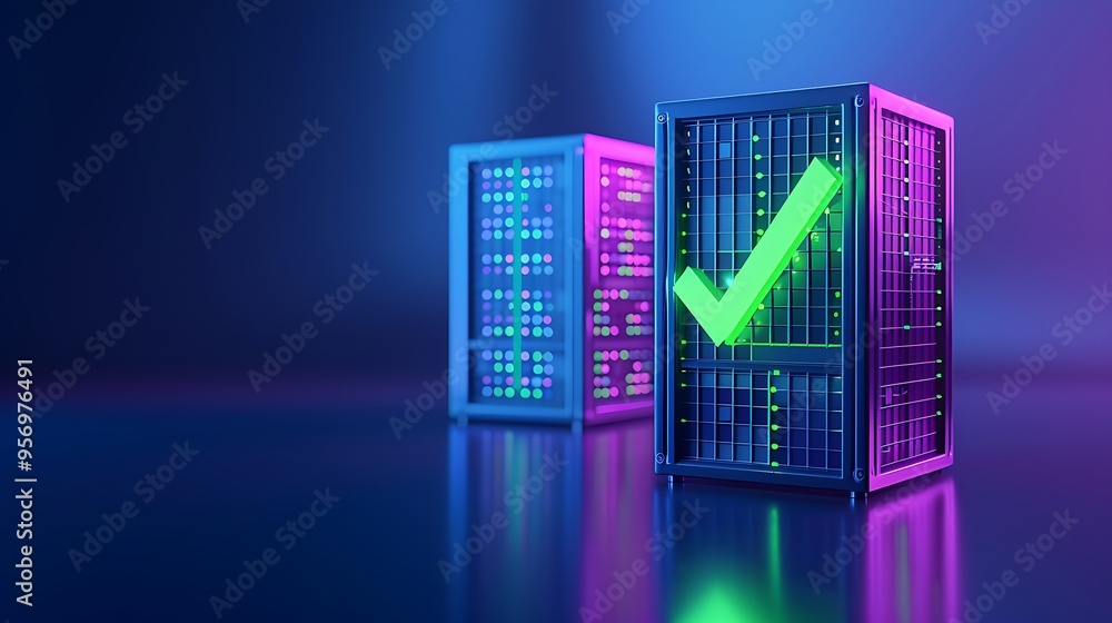 Poster modern server racks with neon lights and a green check mark representing data security, reliability,