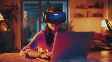 A woman immersed in a virtual world while using a laptop, lit by a warm, ambient light in an intimate setting.